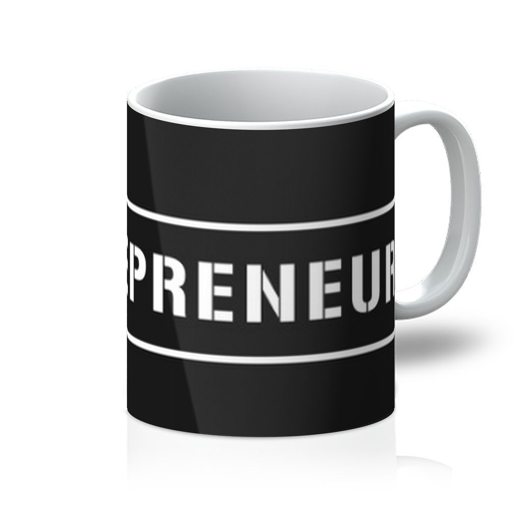Black mug with the word,entrepreneur in white, printed on it.